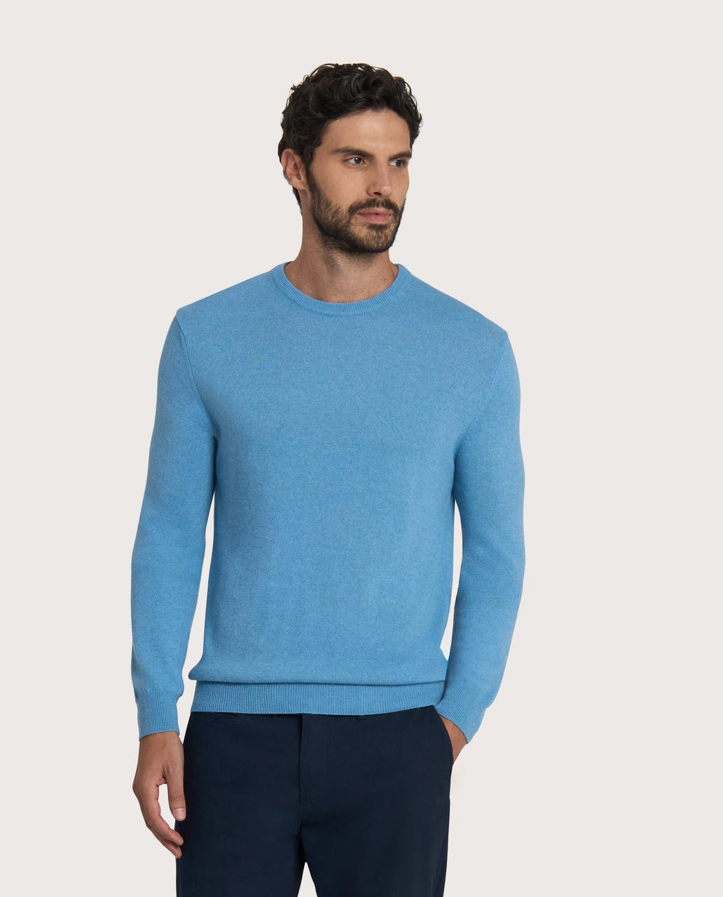 Muški džemper sa okruglim izrezom – cashmere blend, azurno plavi