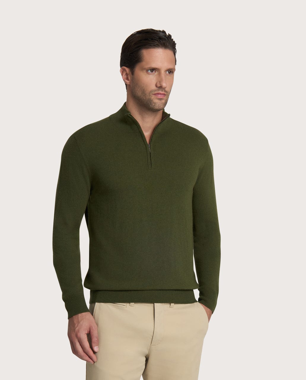 Half Zip maslinastno zeleni muški džemper – cashmere blend